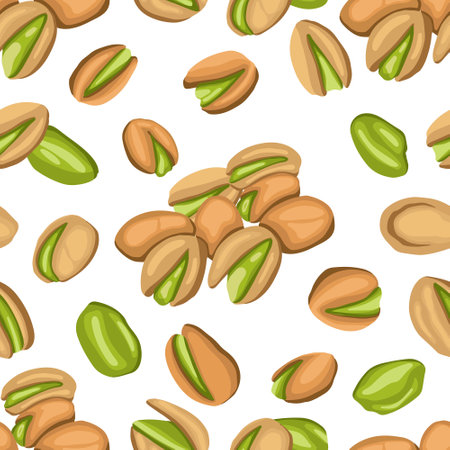 Seamless pattern with colored flat realistic pistachios nuts on white background. Salty delicious organic food nutshells, peeled. Food package, wallpapers, polygraphy, textile traditional snackのイラスト素材