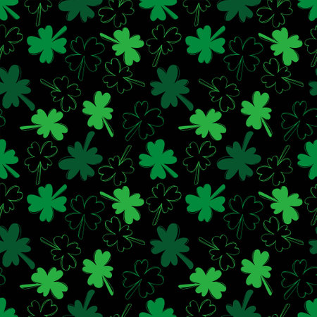 Seamless pattern with green clover isolated on black background. Hand drawn vector silhouette sketch illustration in doodle engraved vintage outline style. St. Patrick's day, lucky, botanical, plantのイラスト素材