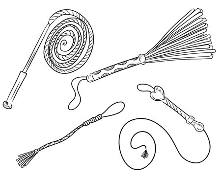 Collection of leather whip knout with tassels for adult role games in black isolated on white background. BDSM concept. Hand drawn vector sketch illustration in doodle engraved outline style.のイラスト素材