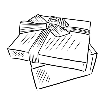 Opened realistic gift box with ribbon and bow in black isolated on white background. Hand drawn vector sketch illustration in simple doodle vintage outline line art engraved style. Surprise, birthday.のイラスト素材