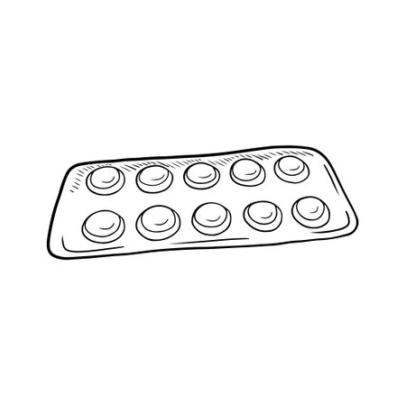 Realistic pills blister with drugs with two empty slots in black isolated on white background. Hand drawn vector sketch illustration in doodle simple outline vintage engraved style. painkiller,のイラスト素材