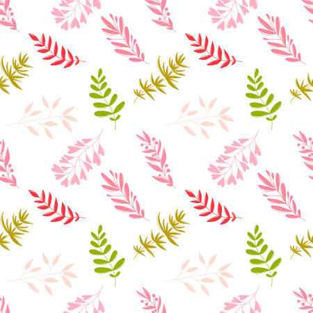 Seamless pattern with trendy beautiful wild branches with leaves in pastel bright colors pink, purple, salad, green on white background. Hand drawn vector silhouette illustration. Botanical, floralのイラスト素材