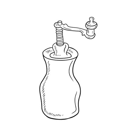 Realistic manual pepper and spices mill grinder in black isolated on white background. Hand drawn vector sketch illustration engraving doodle outline vintage line art style. Cooking, equipment.のイラスト素材