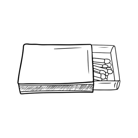 Realistic opened cardboard box with matches in black isolated on white background. Hand drawn vector sketch illustration in engraving doodle outline vintage line art style. Fire, camping, light.のイラスト素材
