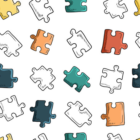 Seamless pattern with pastel jigsaw puzzle pieces on white background. Vector sketch illustration in doodle, cartoon vintage engraved style. Autism awareness day, strategy, textile, texture, gamesのイラスト素材