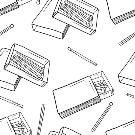 Seamless pattern with cardboard cardboard boxes with matches in black on white background. Hand drawn vector sketch illustration in engraving doodle outline vintage line art style. texture, designのイラスト素材