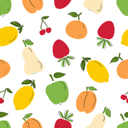 Seamless pattern with tasty fresh fruits: cherry, apple, strawberry, lemon, apricot with black line on white background. Hand drawn vector flat cartoon doodle illustrations. Kitchen, textile, textureのイラスト素材