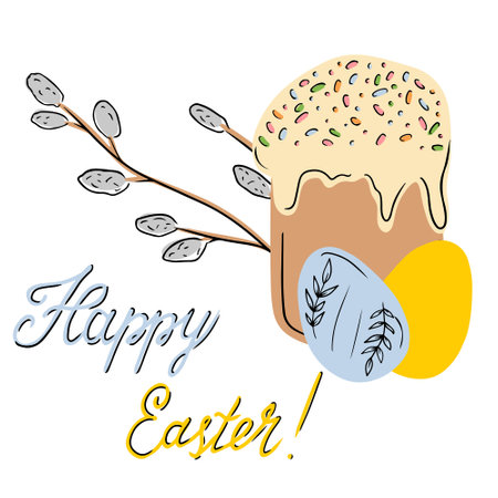 Happy Easter to Ukraine. Easter cake with willow pussy branch and blue yellow eggs with ornament as a symbol of ukrainian flag. Hand drawn vector doodle flat cartoon illustration, greeting cardのイラスト素材