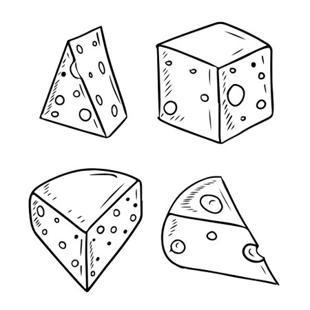 Different shape of cheese pieces with holes isolated on white background. Hand drawn vector sketch illustration in doodle engraved vintage line art style. Food, snacks, diary products, healthyのイラスト素材
