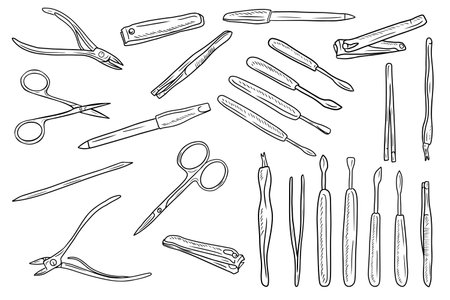 Realistic manicure equipment set. Hand drawn vector sketch illustration in doodle engraved vintage outline style. nail clippers, scissors, file, trimmer, tweezers, push stick, bamboo stickのイラスト素材