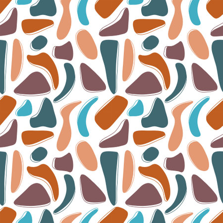 Seamless pattern in boho scandinavian manimal style with abstract shape figures. Warm palette terracotta, blue, beige. Textile, print, wrapping paper, clothes, round, line, spot, flat vector designのイラスト素材