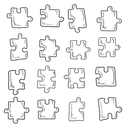 Collection of separate jigsaw puzzle pieces in black isolated on white background. Hand drawn vector sketch illustration in engraving doodle outline vintage line art style. Autismのイラスト素材