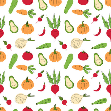 Seamless pattern with fresh vegetables pumpkin, carrot, avocado, beet, onion, courgette, radish, cucucmber, tomato on white background. Hand drawn vector flat cartoon illustration, cookingのイラスト素材