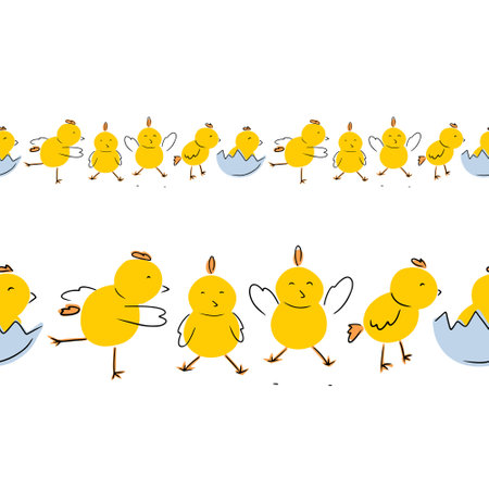 Seamless border with funny chicken chicks hens in different poses on white background. Hand drawn vector sketch illustration in cartoon flat doodle style. Yoga, fitness, sport concept, children.のイラスト素材