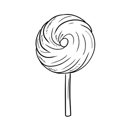 Tasty sweet round lollipop on wooden stick in black isolated on white background. Hand drawn vector sketch illustration in doodle vintage engraved outline, line art style. children candyのイラスト素材