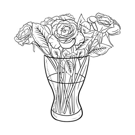 Beautiful realistic glass vase with rose flower bouquet in black isolated on white backround. Hand drawn vector sketch illustration in doodle engraved vintage style. Romance, gift, beauty, garden,のイラスト素材