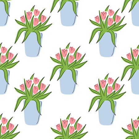 Seamless pattern with beautiful pot vase with fresh tulip flowers on white background. Hand drawn vector cartoon flat sketch illustration. Pink tulips in blue vase. Textile, design, wrapping paperのイラスト素材