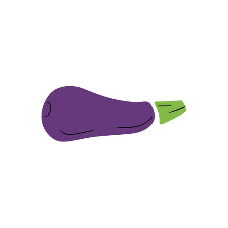 Violet fresh eggplant with black line isolated on white background. HAnd drawn vector simple doodle children illustration. Concept of healthy nutrition, vitamin, ingredient for cooking, farm, diet.のイラスト素材