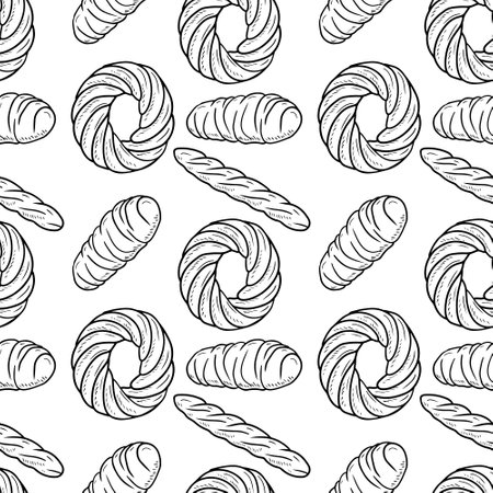 Seamless pattern with bakery products bread and ring shape pastry bun. Hand drawn vector sketch illustration in doodle engraved outline line art style. Wrapping paper, gift, cafe, menu.のイラスト素材