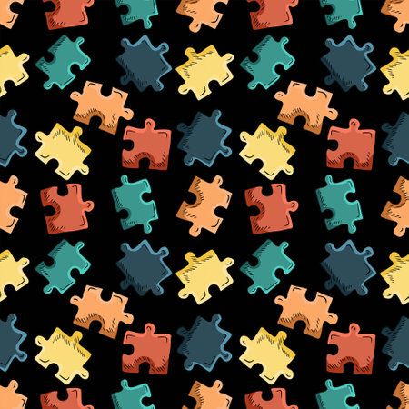 Seamless pattern with pastel colors blue, orange, red yellow jigsaw puzzles on black background. Hand drawn vector sketch illustration in engraving doodle outline vintage line art style. Autism games.のイラスト素材