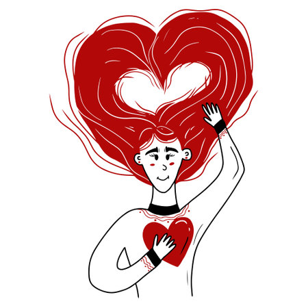 Beautiful girl with a pretty long red hair in shape of heart holding heart in hand isolated on white background. Concept of healthy hair, Valentine's day, love to yourself. Hand drawn vector doodleのイラスト素材