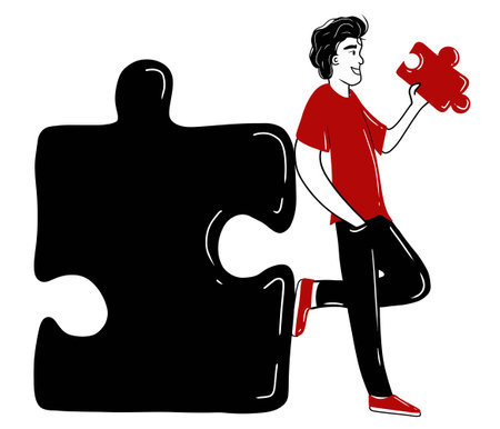 The man is standing, leaning against the big black jigsaw puzzle and holding red puzzle in the hand. Hand drawn vector sketch doodle flat illustration. Concept of problem solution, autism.のイラスト素材