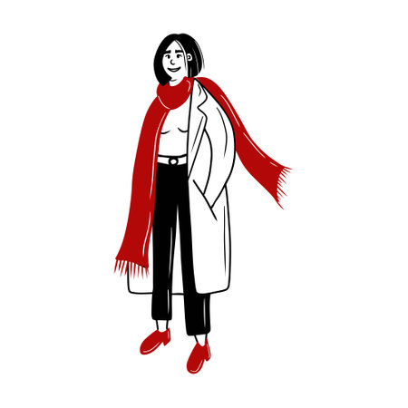 Beautiful woman with black square haircut in black pants, coat and red scarf with hand in pocket is standing and smiling. Hand drawn vector doodle flat illustration. Street style look, fashion.のイラスト素材