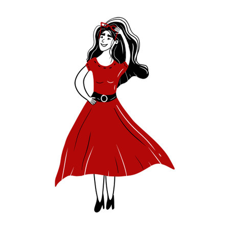 Beautiful woman girl with long curly black hair is standing and holding sunglasses on the head is wearing trendy red dress with black belt. Hand drawn vector doodle flat cartoon illustration.のイラスト素材