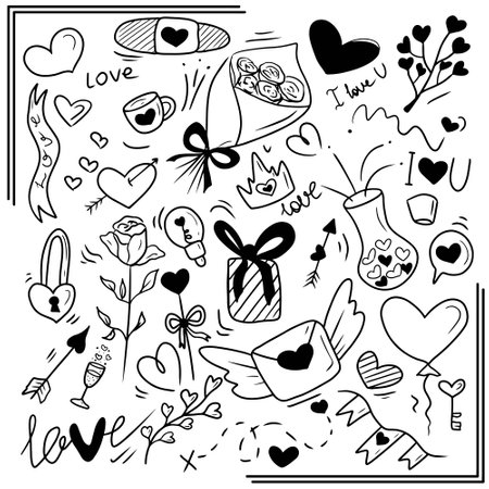 Collection set for Saint Valentines day celebration with bouquet of flowers, gift, letters heart, love concepts. Hand drawn vector sketch illustrations in doodle line art design. Plaster branch iconのイラスト素材