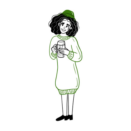 Cute girl standing and holding mug of beer in knitted green dress and hat as a symbol of spring, Saint Patrick's day celebration. Hand drawn vector sketch illustration in doodle flat cartoon styleのイラスト素材