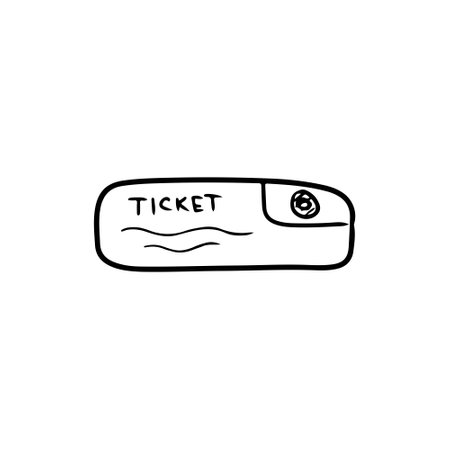 Airplane ticket for traveling abroad in black. Hand drawn vector sketch doodle illustration. Concept of travel, vacation, cinema, theater visiting, railway train paper card documentのイラスト素材
