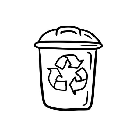 Trash bin with recycling sign with lid cover in black isolated on white. Hand drawn vector sketch doodle illustration. Concept of recycle plastic, save environment, pollution, sorting rubbishのイラスト素材