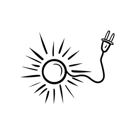 Sun green energy with wire socket in black isolated on white background. Concept of ecological healthy environment energy electricity, ecology friendly. Hand drawn vector sketch doodle illustrationのイラスト素材