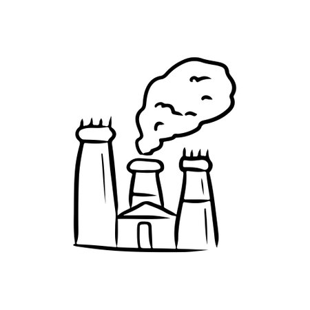 A plant that emits a lot of fumes, could. The problem of global warming. Ecological and environmental problem, pollution, economy, ecology. Hand drawn vector sketch illustration in doodle styleのイラスト素材