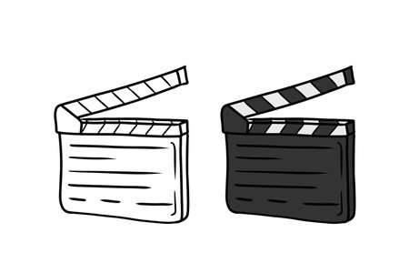 Black and white clapboard as a symbol of movie recording isolated on white background. Hand drawn vector sketch illustration in doodle engraved vintage style. Concept of director equipment for sceneのイラスト素材