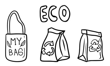Set of reusable ecology friendly bags packets for shopping. Cardboard recycling carton paper bag for products and cotton tissue shopper my bag. Hand drawn vector sketch doodle illustration in cartoon.のイラスト素材