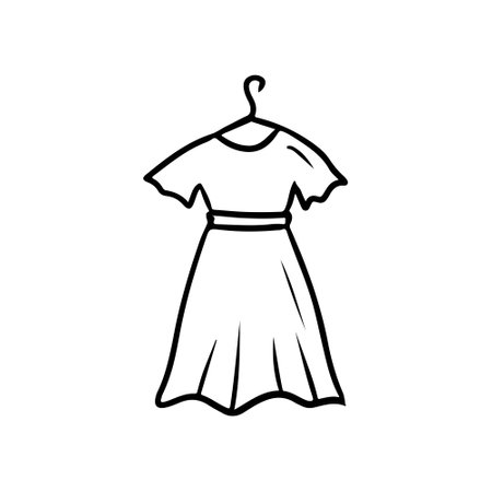 Beautiful dress on the hanger in shopwindow in black isolated on white background. Hand drawn vector sketch illustration in doodle engraved line art vintage style. Fashion, style, shoppingのイラスト素材