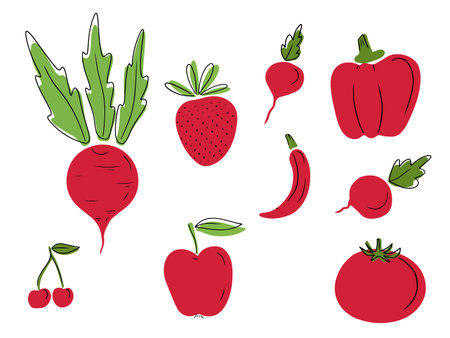 Beautiful collection of red fruits and vegetables: beet, strawberry, pepper, cherry, apple tomato radish on white background. Hand drawn vector sketch illustration in doodle sticker flat cartoon styleのイラスト素材