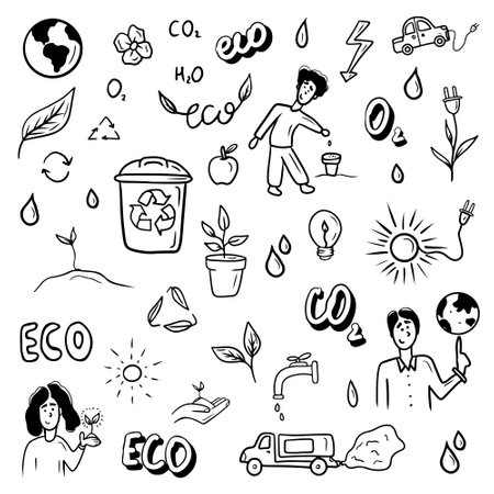 Set of ecological doodles for environment protection, trash bin, character with plants, Earth spinning, sockets and plugs, leaves, apple, tap with clean water. Hand drawn vector sketch illustrations.のイラスト素材