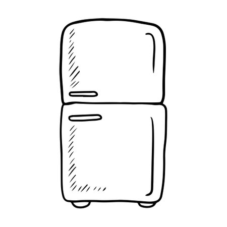 Refrigerator with two sections in black isolated on white background. HAnd drawn vector sketch illustration in doodle engraved vintage line art style. Kitchen equipment, product storageのイラスト素材