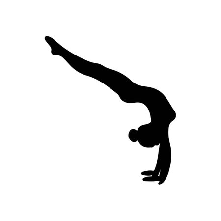 Beautiful woman standing on her hands is training in black isolated on white background. Hand drawn vector silhouette illustration. Gymnastics, workout, sport, athletics, healthy lifestyle, stretchingのイラスト素材