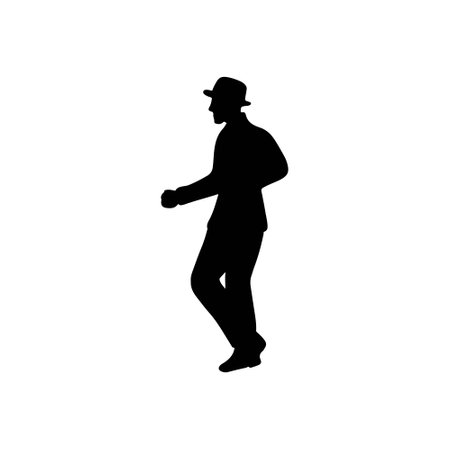 Single man dancer dancing on the floor and learning ballroom latin dances - salsa, rumba, samba in black isolated on white background. Hand drawn vector silhouette illustration. Male in suit and hatのイラスト素材