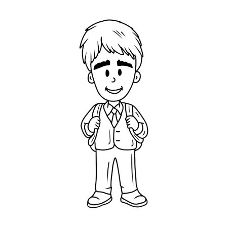 Cute beautiful boy student pupil with backpack is going back to school for learning in uniform - sleeveless and pants. Hand drawn vector sketch illustration in doodle engraved vintage line art styleのイラスト素材