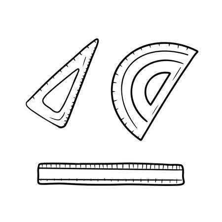 Collection of triangle rulers, protractor for measurement for school geometry in black isolated on white background. Hand drawn vector sketch illustration in doodle engraved vintage line art styleのイラスト素材