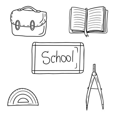 Set of school equipment: crossbody bag, opened notebook, diary, white chalk board, protractor and compass in black. Hand drawn vector sketch illustration in doodle engraved vintage line art style.のイラスト素材