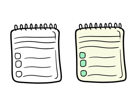 Spiral book with to do list in in beige and green colors isolated on white background. Hand drawn vector sketch illustration in doodle engraved vintage line art style. Coloring book, diary, goals.のイラスト素材