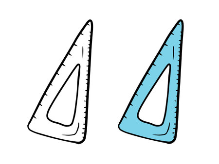 Triangular ruler in blue color isolated on white background. Hand drawn vector sketch illustration in doodle engraved vintage line art style. Back to school, coloring book, measuring for geometryのイラスト素材