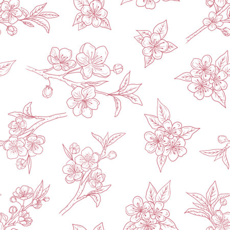 Seamless pattern with cherry blossom branches with beautiful flowers and buds in pink on white. Hand drawn vector sketch illustration in doodle engraved vintage line art style. Floral botanicalのイラスト素材