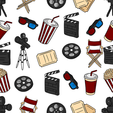 Seamless pattern with colored cinema equipment - 3d glass, tickets, camera, film roller, clapboard, glass with soda drink and popcorn bucket isolated on white background. Packaging, wrapping paperのイラスト素材