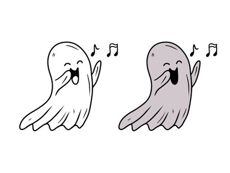 Hand drawn vector cute gray ghost floating and singing with musical notes on white. Sketch illustration in doodle engraved vintage line art style. Happy Halloween. Coloring bookのイラスト素材